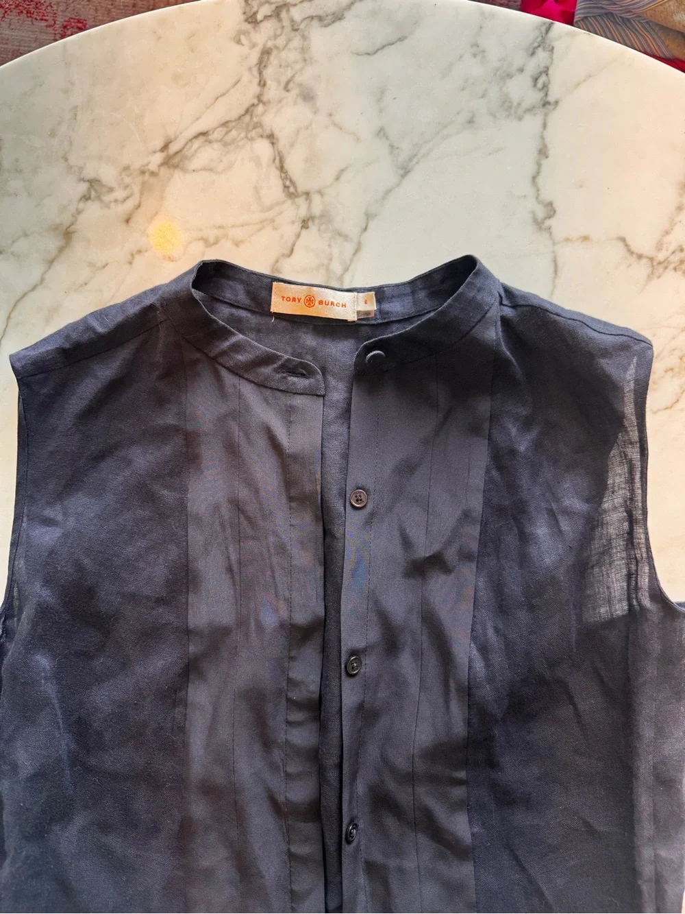 Tory Burch Navy Sleeveless Pleated Button-Front Blouse